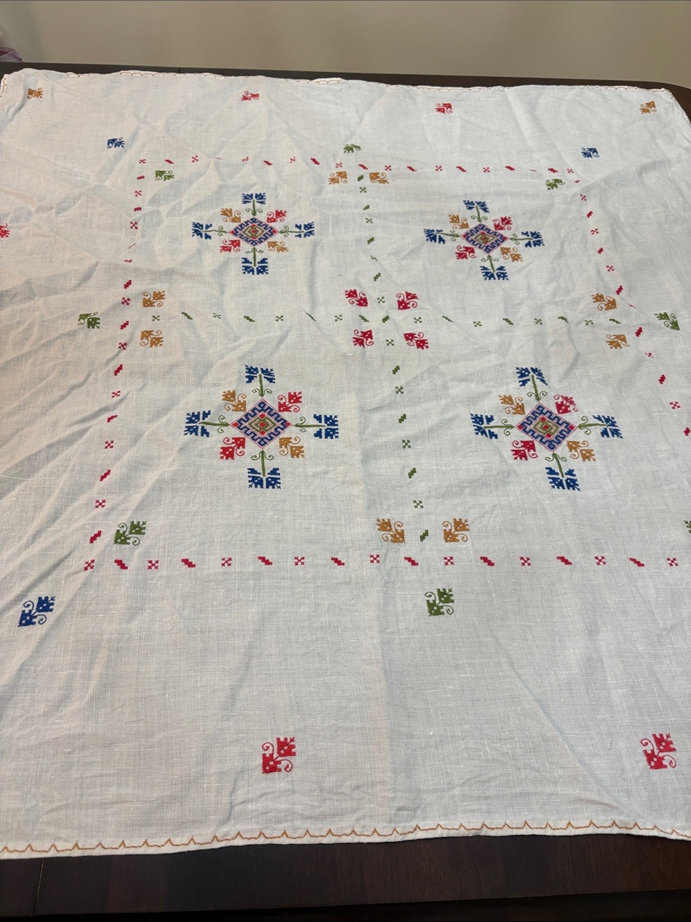 Vintage Spanish Lagartera Hand Embroidered Linen Tablecloth Geometric